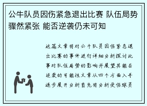 公牛队员因伤紧急退出比赛 队伍局势骤然紧张 能否逆袭仍未可知