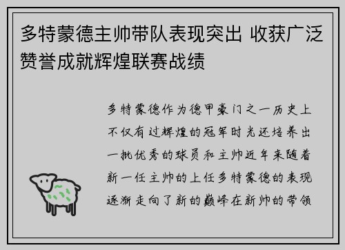 多特蒙德主帅带队表现突出 收获广泛赞誉成就辉煌联赛战绩